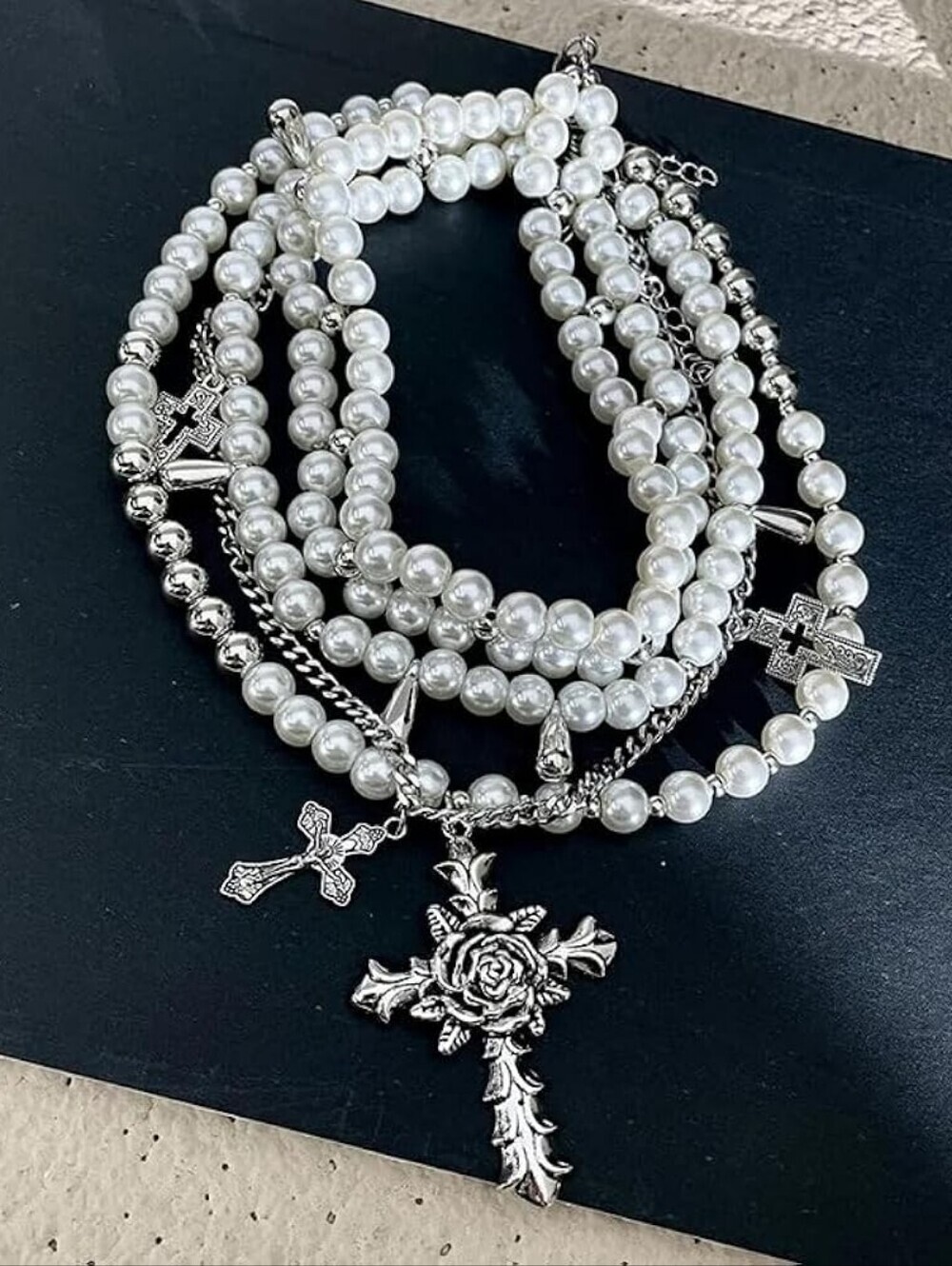 Layered Gothic Cross Pearl Stacked Necklace